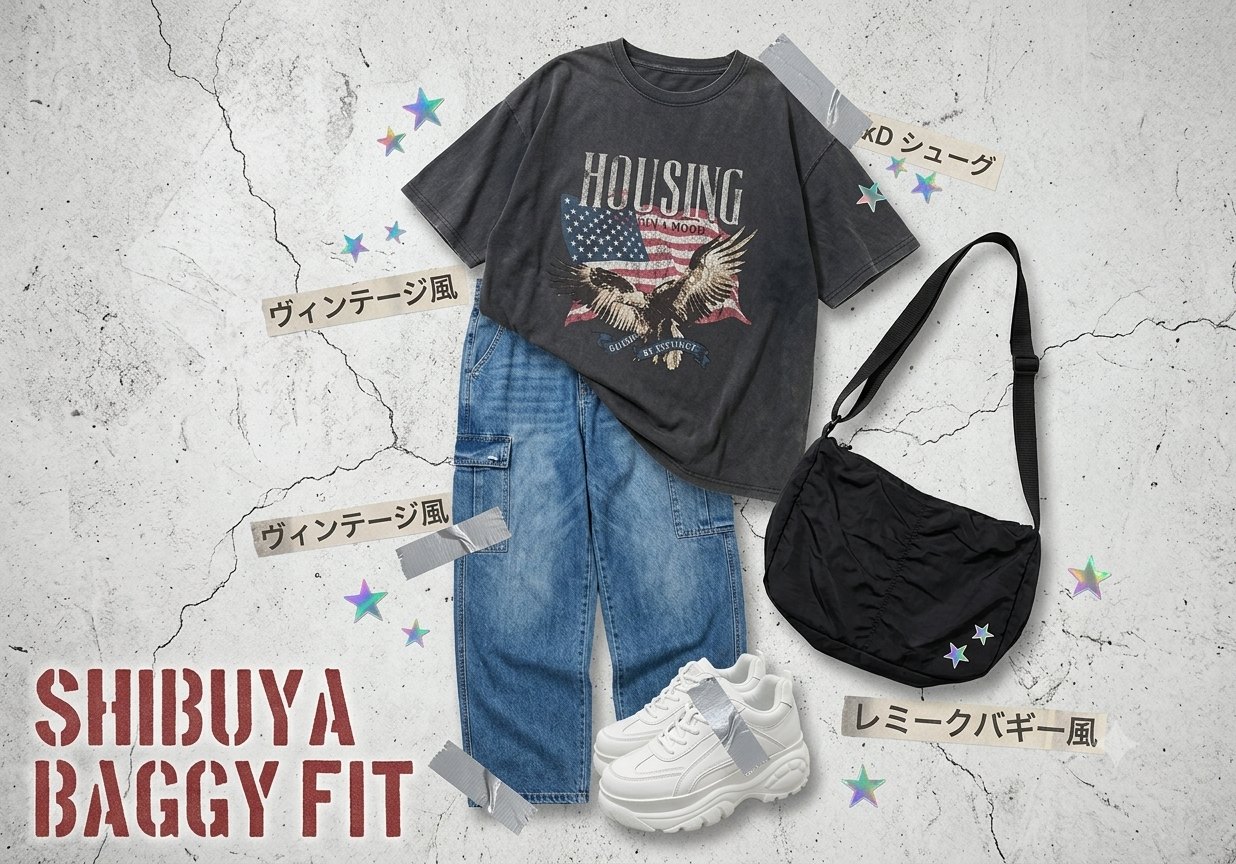 Flat-lay collage on cracked concrete: washed charcoal eagle-print big tee, light-wash baggy remake denim, white 7cm platform sneaker, black nylon shoulder tote, holographic star stickers
