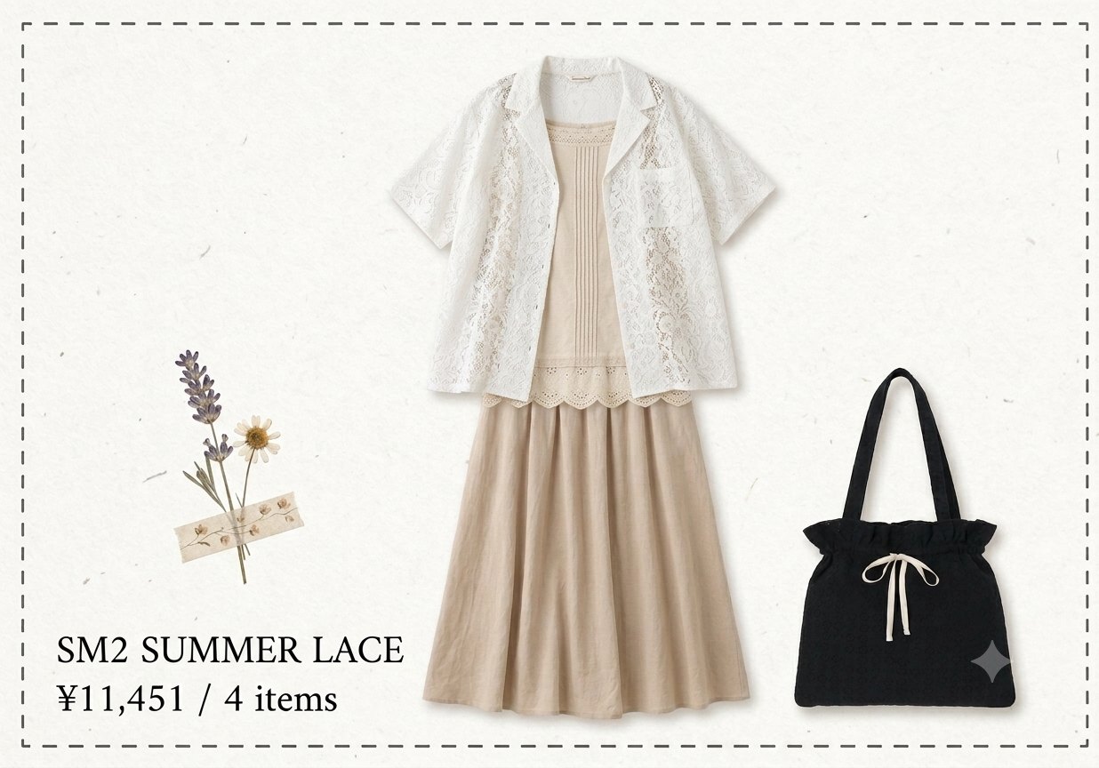 Flat-lay collage: white lace open-collar shirt layered over a beige scalloped inner, beige flare skirt, black lace drawstring bag with ribbon, pressed flowers accent